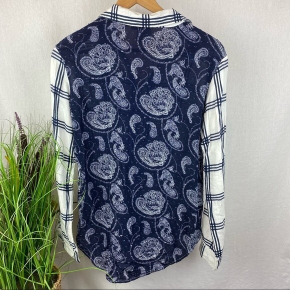 Anthropologie Sparrow Blue & White Plaid Button Up Long Sleeve Top S - Picture 3 of 6